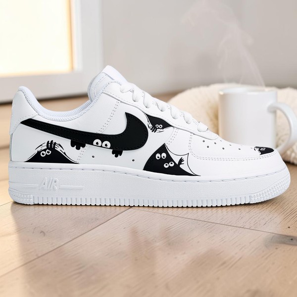 Custom Cute Monster Hide AF1 Sneakers, Hand-Painted Peeking Monster Shoes, Black and White Aesthetic Footwear, Gift for Sneakerheads. - Custom Hand-Painted Shoes | ZivoSell