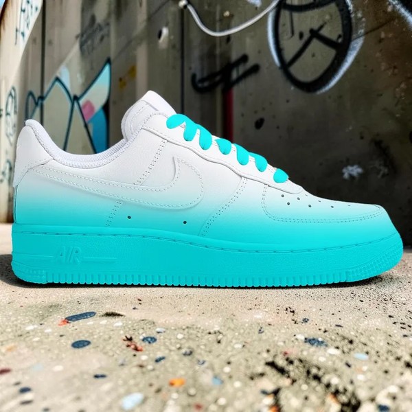 Custom Turquoise Gradient AF1 Sneakers, Hand Painted White Sky Blue AF1, Ombre Sneakers, Streetwear Style Shoes. - Custom Hand-Painted Shoes | ZivoSell