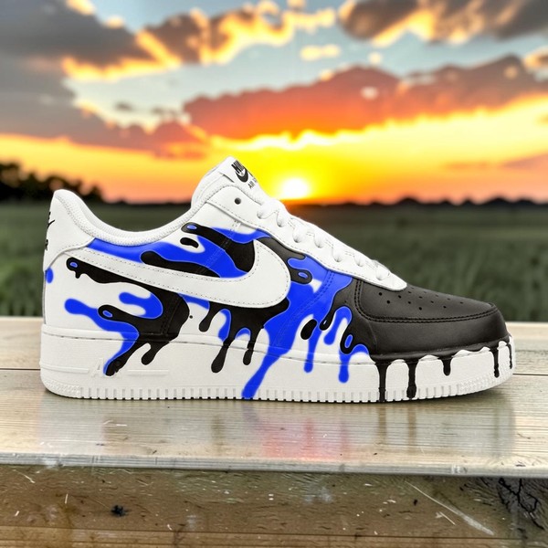 Custom Blue Black Drip Sneakers, Hand-Painted Street Art Design Shoes, Personalized Low-Top Sneaker - Custom Hand-Painted Shoes | ZivoSell