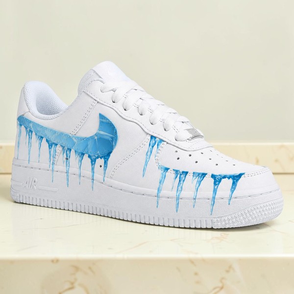 Blue Drip Paint Custom Sneakers, Hand-Painted White Leather Shoes, Artistic Dripping Design Low-Top Sneakers - Custom Hand-Painted Shoes | ZivoSell
