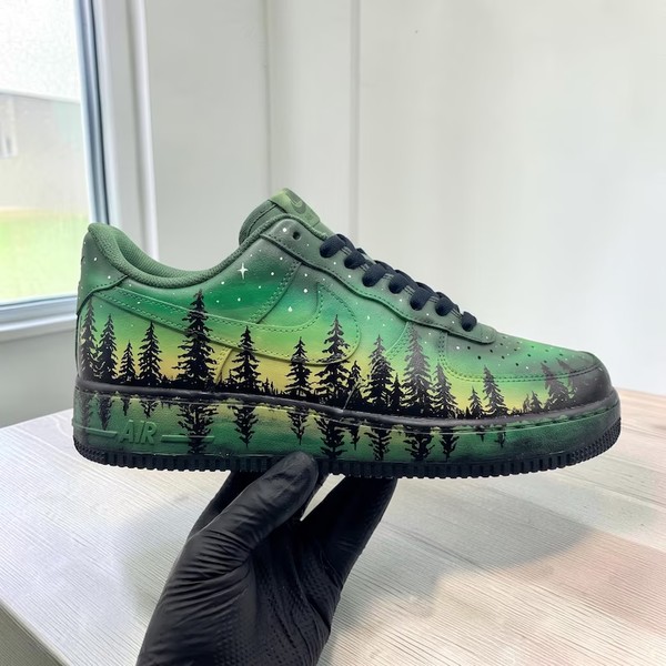 Custom Forest Silhouette Sneakers, Hand Painted Northern Lights Sneakers, Unique Nature Landscape Shoes, Unique Gift for Him Her. - Custom Hand-Painted Shoes | ZivoSell