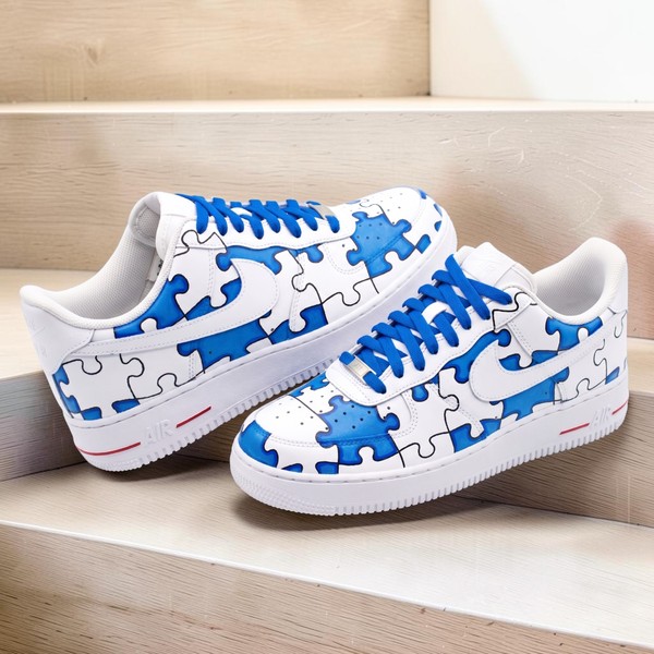 Blue & White Puzzle Piece Sneakers, Custom Hand-Painted Sneakers, Unique Autism Awareness Shoes, Personalized Low-Top Canvas Sneakers - Custom Hand-Painted Shoes | ZivoSell