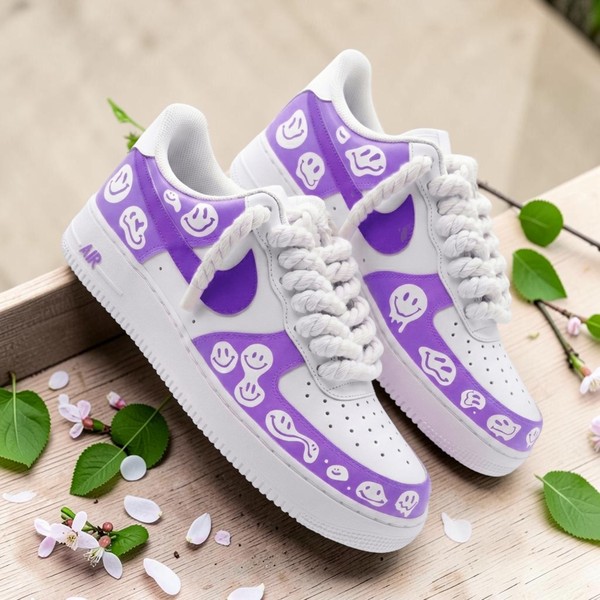 Purple Smiley Face Sneakers, Custom Hand-Painted Low-Top Shoes, Retro Happy Face Design Trainers - Custom Hand-Painted Shoes | ZivoSell
