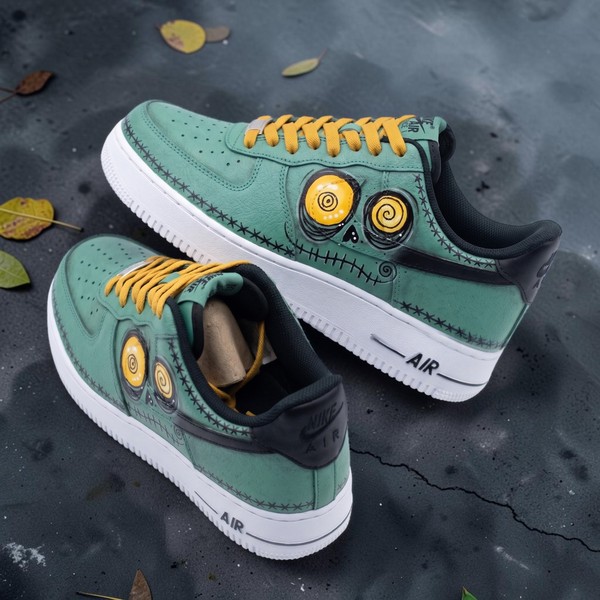Stitched Monster Face Sneakers, Mint Green Custom Shoes, Hand-Painted Yellow Eye Design, Personalized Low-Top Sneakers - Custom Hand-Painted Shoes | ZivoSell