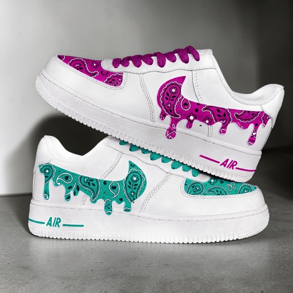 Custom Teal and Pink Bandana AF1 Sneakers, Hand Painted Drip Magenta and Teal Paisley Shoes, Unique Streetwear Shoes, Personalized Gifts. - Custom Hand-Painted Shoes | ZivoSell