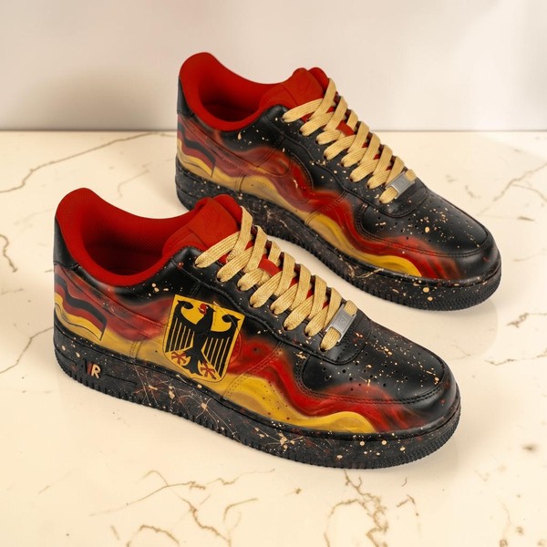 German Flag Custom Sneakers, Red Gold Black Hand-Painted Low-Top Shoes, Patriotic Flame Design Sneakers - Custom Hand-Painted Shoes | ZivoSell