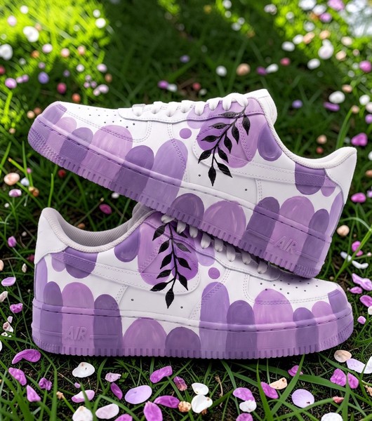 Purple Floral Sneakers, Custom Hand-Painted Botanical Design Shoes, Lavender Polka Dot Leaf Pattern Sneakers - Custom Hand-Painted Shoes | ZivoSell