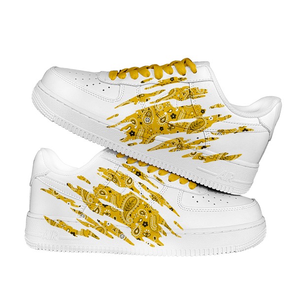 Custom Bandana Yellow AF1, Hand Painted Yellow Scratch Shoes, Bandana Scratch White AF1 Sneakers, Unique Gift for Him Her. - Custom Hand-Painted Shoes | ZivoSell