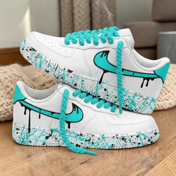 Custom Teal Drip Sneakers, Hand Painted Streetwear Shoes, Minimalist Splatter Art - Custom Hand-Painted Shoes | ZivoSell