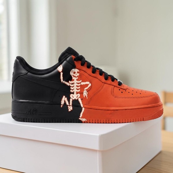 Custom Skeleton Sneakers, Hand Painted Black and Orange Sneakers, Spooky Halloween Shoes, Unique Streetwear Kicks, Gift for Him Her. - Custom Hand-Painted Shoes | ZivoSell