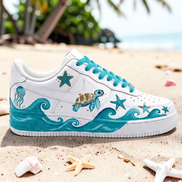 Ocean Themed Custom Sneakers, Hand-Painted Sea Turtle Shoes, Turquoise Wave Design Low-Top Sneakers - Custom Hand-Painted Shoes | ZivoSell