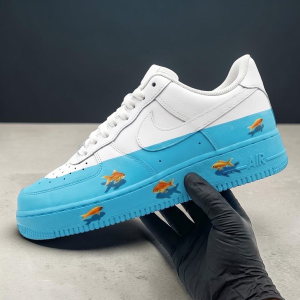 Custom Goldfish Af1 Sneakers, Hand Painted Aquarium Design Shoes, Blue Water Aesthetic Streetwear Sneakers, Unique Gift for Him Her - Custom Hand-Painted Shoes | ZivoSell