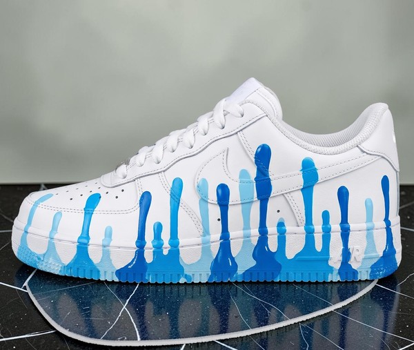 Custom Blue Drip Paint Sneakers, Hand-Painted White Low-Top Shoes, Artistic Splash Design Unisex Sneakers - Custom Hand-Painted Shoes | ZivoSell