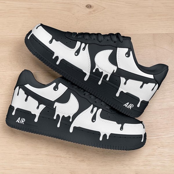 Custom Black White Drip Af1 Sneakers, Minimal Streetwear Melt Design Shoes, Unique Monochrome Dripping Effect Trainers - Custom Hand-Painted Shoes | ZivoSell
