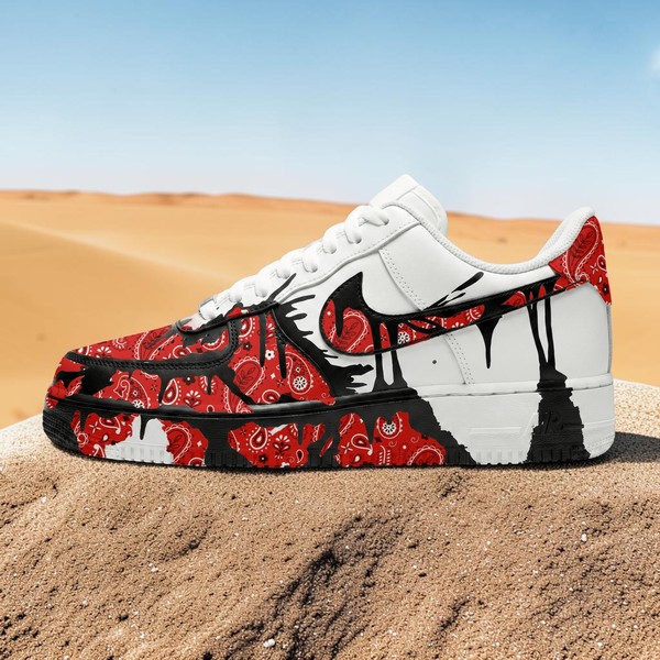 Hand Painted Red Bandana and Black Splatter AF1 Sneakers, Custom Street Red White Sneakers, Unique Gift for Him and Her. - Custom Hand-Painted Shoes | ZivoSell