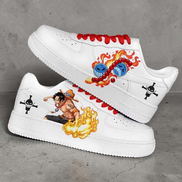 Custom Anime Character Sneakers, Hand-Painted Fire & Flames Shoes, Personalized White Low-Top Sneakers with Red Laces - Custom Hand-Painted Shoes | ZivoSell