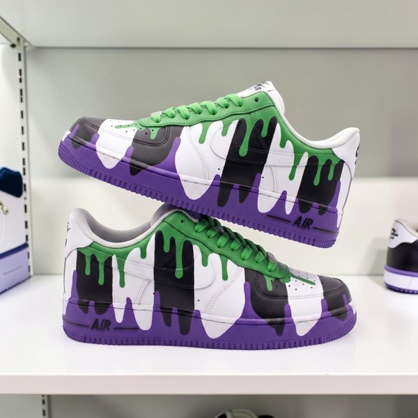 Custom Green Purple Drip AF1 Sneakers, Hand Painted Black White Drip Sneakers, Abstract Custom Sneakers, Unique Style Gift. - Custom Hand-Painted Shoes | ZivoSell