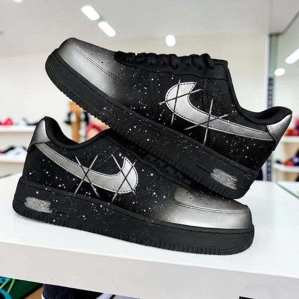 Custom Black and Silver Gradient AF1 Sneakers, Hand Painted Galaxy Black Shoes, Stars Splatter AF1 Sneakers, Unique Gift for Him Her. - Custom Hand-Painted Shoes | ZivoSell