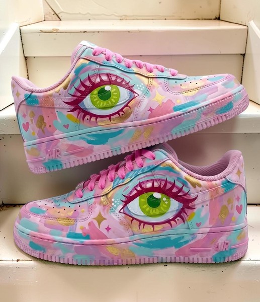 Custom Eye Design Sneakers, Hand-Painted Pink Pastel Low-Top Shoes, Unique Whimsical Artistic Sneakers - Custom Hand-Painted Shoes | ZivoSell