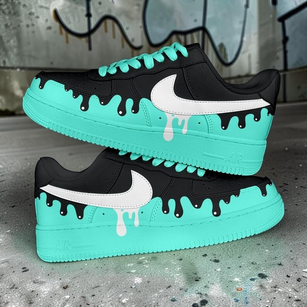 Custom Drip Sneakers, Black Mint Green Paint Splatter Shoes, Hand-Painted Street Art Sneakers, Personalized High-Top Design - Custom Hand-Painted Shoes | ZivoSell