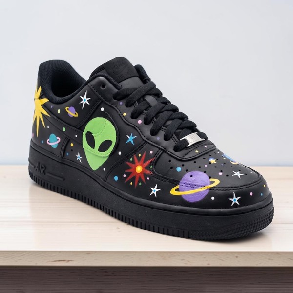 Hand Painted Alien Space AF1 Sneakers, Custom Cosmic Alien and Planets Black Shoes, UFO & Galaxy Custom AF1, Unique Black Sneakers Alien. - Custom Hand-Painted Shoes | ZivoSell