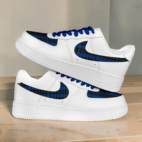 Custom Blue Plaid Sneakers, Royal Blue White Shoes, Hand-Painted Tartan Pattern Footwear, Unique Preppy Style Shoes. - Custom Hand-Painted Shoes | ZivoSell