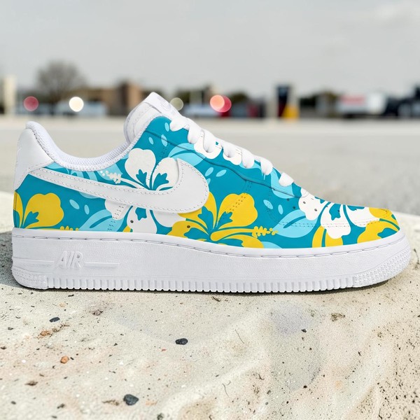 Custom Teal Floral AF1 Sneakers, Hand Painted Yellow & White Tropical Floral Shoes, Summer Beach Vibe Footwear. - Custom Hand-Painted Shoes | ZivoSell