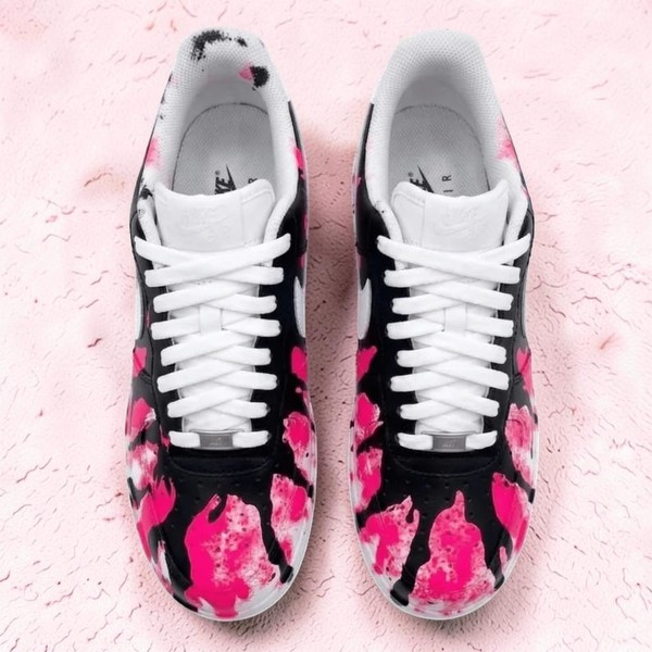 Custom Hot Pink Floral Sneakers, Hand-Painted Black & Pink Flower High-Top Shoes, Personalized Artistic Sneakers - Custom Hand-Painted Shoes | ZivoSell