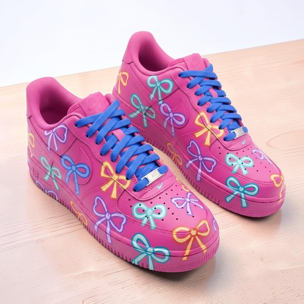 Hand Painted Cute Bow Pink AF1 Sneakers, Custom Coloful Bow Shoes, Pastel Bows AF1 Sneakers, Gift for Women and Teens. - Custom Hand-Painted Shoes | ZivoSell
