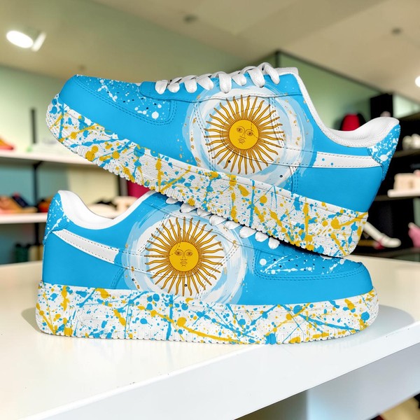Argentina Flag Custom Sneakers, Blue & Gold Sun Splatter Design Shoes, Patriotic Hand-Painted Low-Top Trainers - Custom Hand-Painted Shoes | ZivoSell