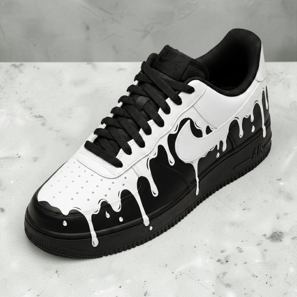 Custom White Melting Black AF1 Sneakers, Hand Painted White Drip AF1 Shoes, Unique Streetwear Shoes. - Custom Hand-Painted Shoes | ZivoSell