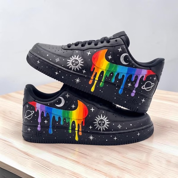 Custom Rainbow Galaxy Sneakers, Hand Painted Trippy Rainbow Space Sneakers, Celestial Sun Moon Star Shoes, Unique Pride Gift. - Custom Hand-Painted Shoes | ZivoSell