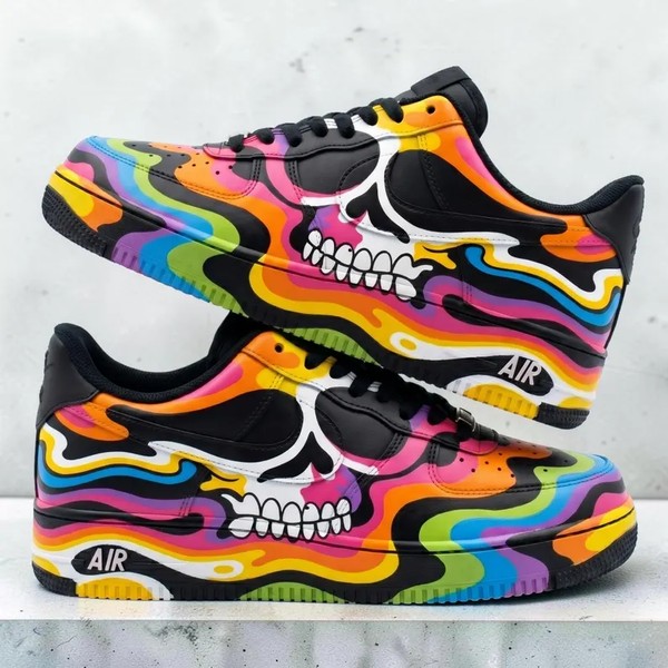 Custom Psychedelic Skull Sneakers, Hand Painted Rainbow Black Shoes, Unique Trippy Art Shoes, Colorful Streetwear Kicks. - Custom Hand-Painted Shoes | ZivoSell