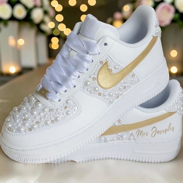 Custom Pearl Embellished White Sneakers, Gold Stripe Personalized Shoes, Hand-Decorated Bridal Sneakers with Pearls - Custom Hand-Painted Shoes | ZivoSell
