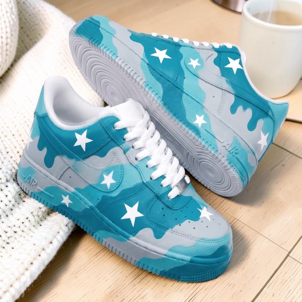 Turquoise Star Cloud Sneakers, Custom Hand-Painted Sky Design Shoes, Celestial Unisex Low-Top Trainers - Custom Hand-Painted Shoes | ZivoSell