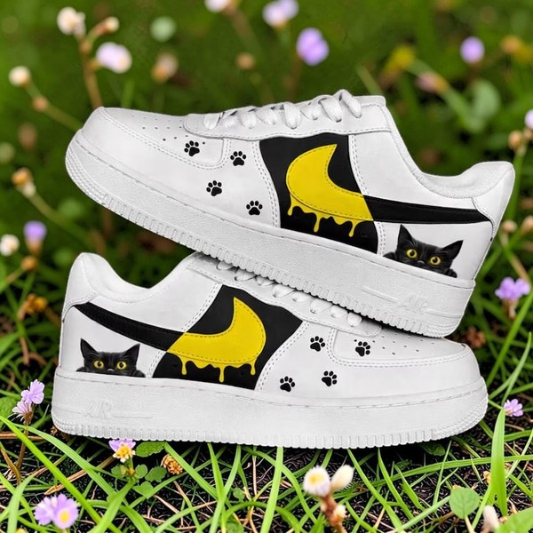 Black Cat Moon Sneakers, Hand-Painted Paw Print Shoes, Custom White Low-Top Sneakers with Yellow Moon Design - Custom Hand-Painted Shoes | ZivoSell