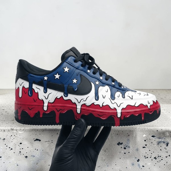 Custom USA Drip Sneakers, Hand-Painted American Flag Design Shoes, Personalized Sneakers for Patriot Lovers, Red White Blue Drip Art - Custom Hand-Painted Shoes | ZivoSell