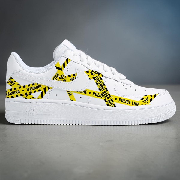 Hand Painted Warning Tape AF1 Sneakers, Custom White AF1 Shoes, Unique Streetwear AF1, Yellow Cautions Design Shoes, Gift for Him Her. - Custom Hand-Painted Shoes | ZivoSell