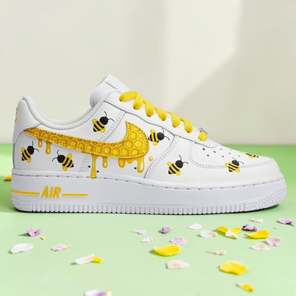 Custom Honey Bee Drip AF1 Sneakers, Hand Painted Bee Sneakers, Drip Paint Honeycomb Shoes, Unique Yellow & White AF1 Shoes - Custom Hand-Painted Shoes | ZivoSell