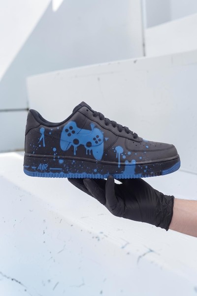 Custom Gaming Controller Sneakers, Hand Painted Splatter Art Trainers, Blue and Black Gamer Footwear, Unique Video Game Inspired Shoes - Custom Hand-Painted Shoes | ZivoSell