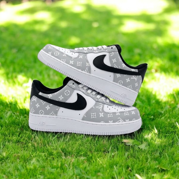 Luxury Monogram Custom Sneakers, Gray & White Low-Top Shoes, Black Swoosh Design Streetwear - Custom Hand-Painted Shoes | ZivoSell