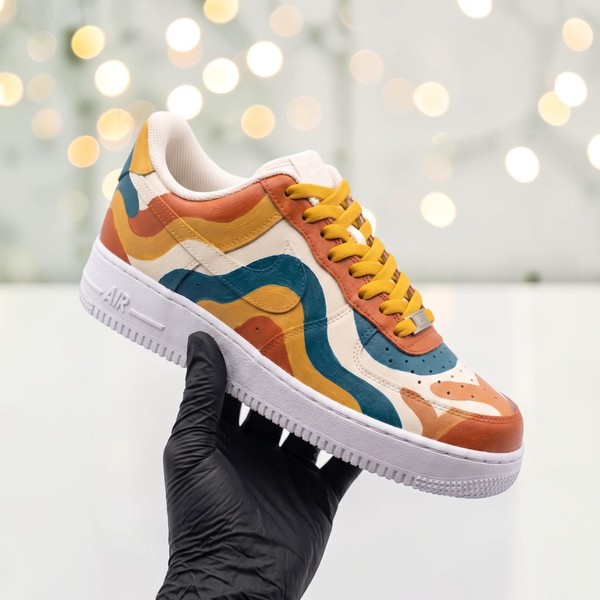 Colorful Retro Sneakers, Multi-Color Wavy Design Shoes, Custom Hand-Painted Street Style Trainers - Custom Hand-Painted Shoes | ZivoSell