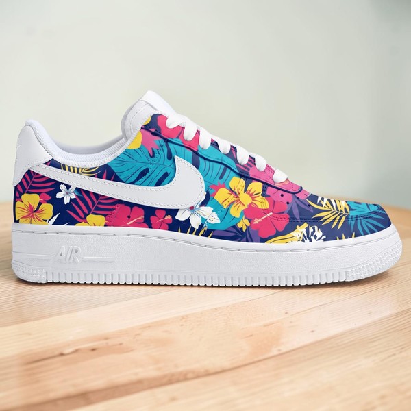 Custom Tropical Floral AF1 Sneakers, Hand-Painted White Hawaiian Hibiscus Shoes, Dark Blue Tropical Leaf Shoes. - Custom Hand-Painted Shoes | ZivoSell