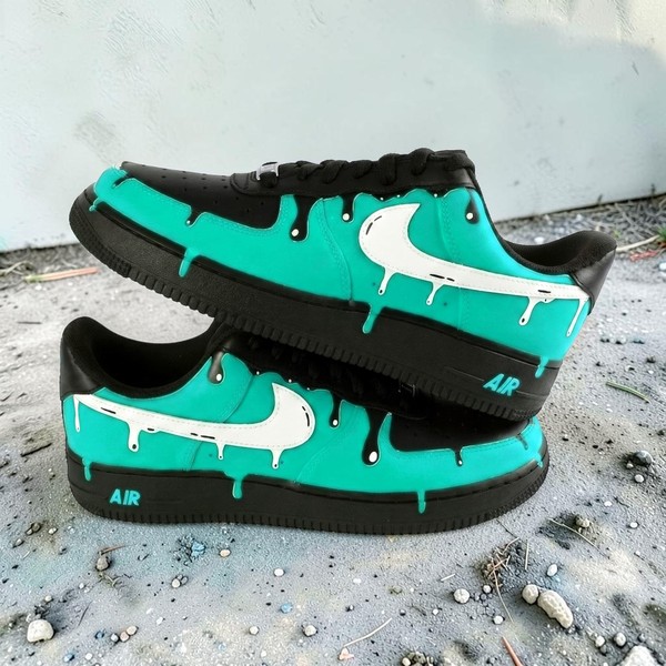 Hand Painted Turquoise Splatter Sneakers, Custom Black and Neon Teal Drip Sneakers, Unique Design Shoes, Personalized Gift for Him Her. - Custom Hand-Painted Shoes | ZivoSell