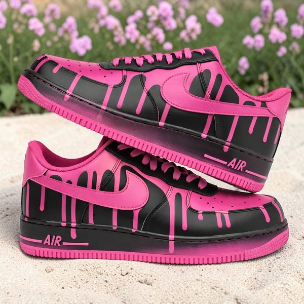 Hand-Painted Pink Drip Effect Af1 Sneakers, Custom Black Sneakers with Bold Pink Drips, Custom AF1 Sneakers. - Custom Hand-Painted Shoes | ZivoSell