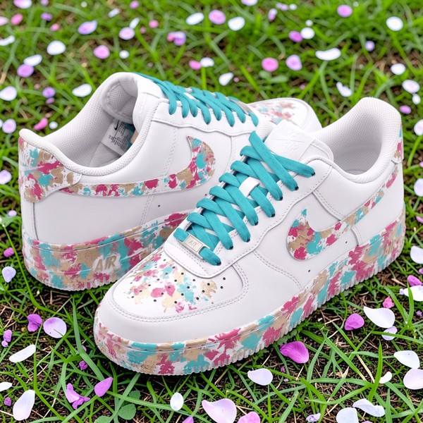 Floral Bloom Custom Sneakers, Pink Turquoise Flower Low-Top Shoes, Hand-Painted Botanical Design Trainers - Custom Hand-Painted Shoes | ZivoSell