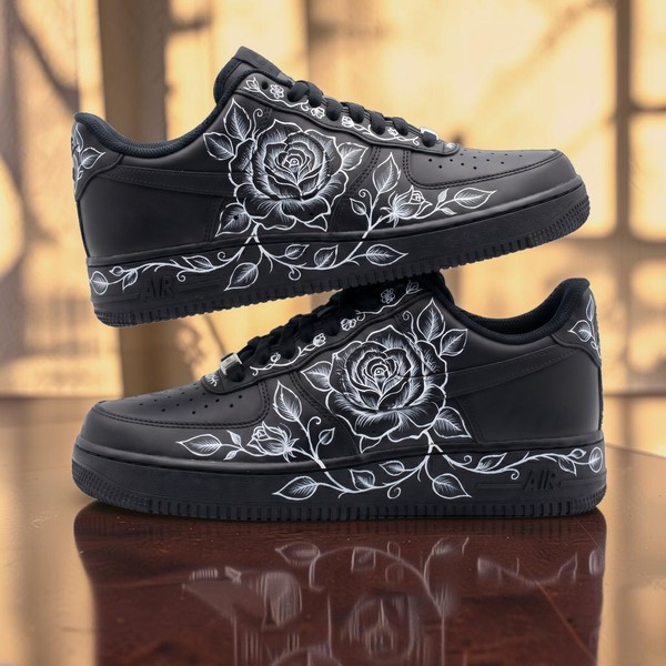 Black Floral Rose Sneakers, Hand-Painted Botanical Shoes, Custom Gothic Rose Design Low-Top Sneakers - Custom Hand-Painted Shoes | ZivoSell