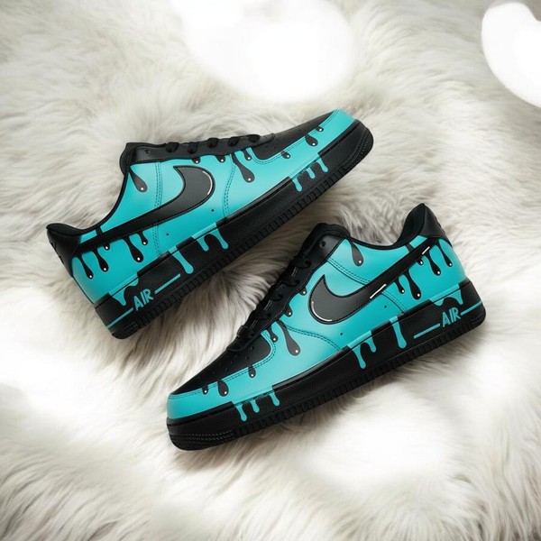 Black Turquoise Drip Custom Air Force 1 Sneakers, Hand Painted Black Turquoise Drip AF1 Shoes, Personalized Black AF1 Shoes - Custom Hand-Painted Shoes | ZivoSell
