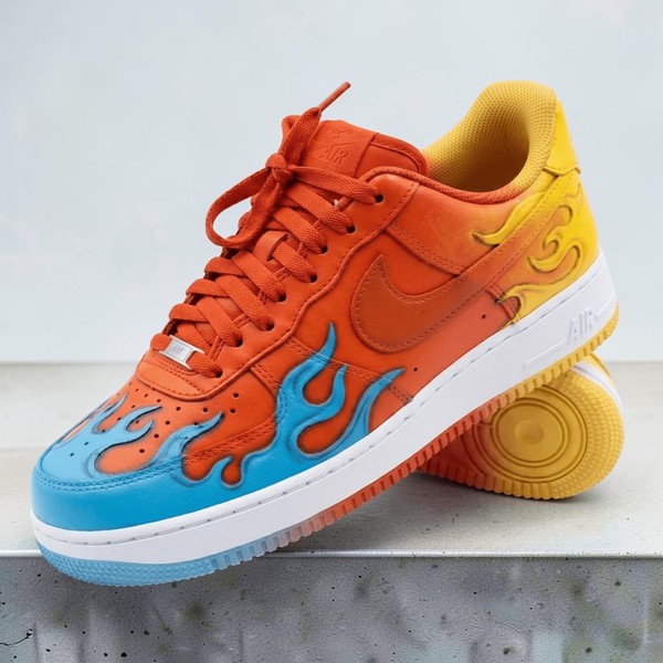Vibrant Colorful Fire Custom AF1 Sneakers, Hand Painted Teal and Yellow Flame Shoes, Unique Colors AF1 Sneakers, Personalized Gift. - Custom Hand-Painted Shoes | ZivoSell