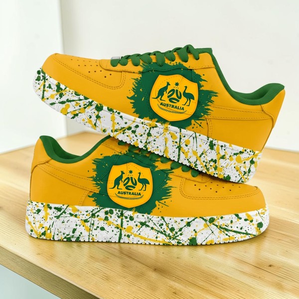 Australian Pride Custom Sneakers, Yellow Green Kangaroo Design Shoes, Splatter Art Low-Top Sneakers, Patriotic Australia Kicks - Custom Hand-Painted Shoes | ZivoSell